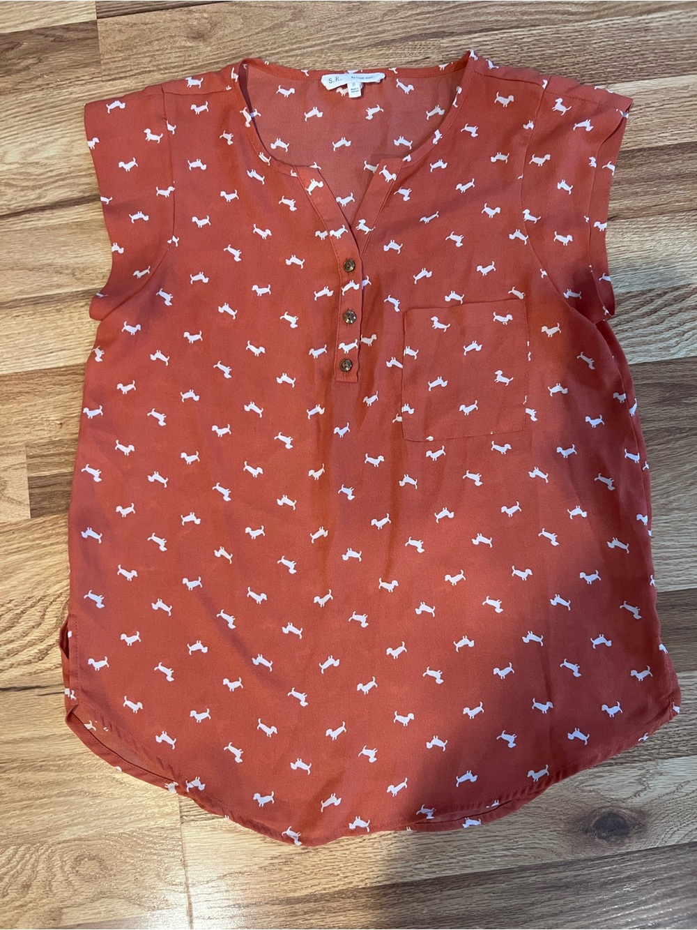 Sweet Rain / Alice Blue Stitch Fix Dachshund Button Blouse Rust Dog Print Top